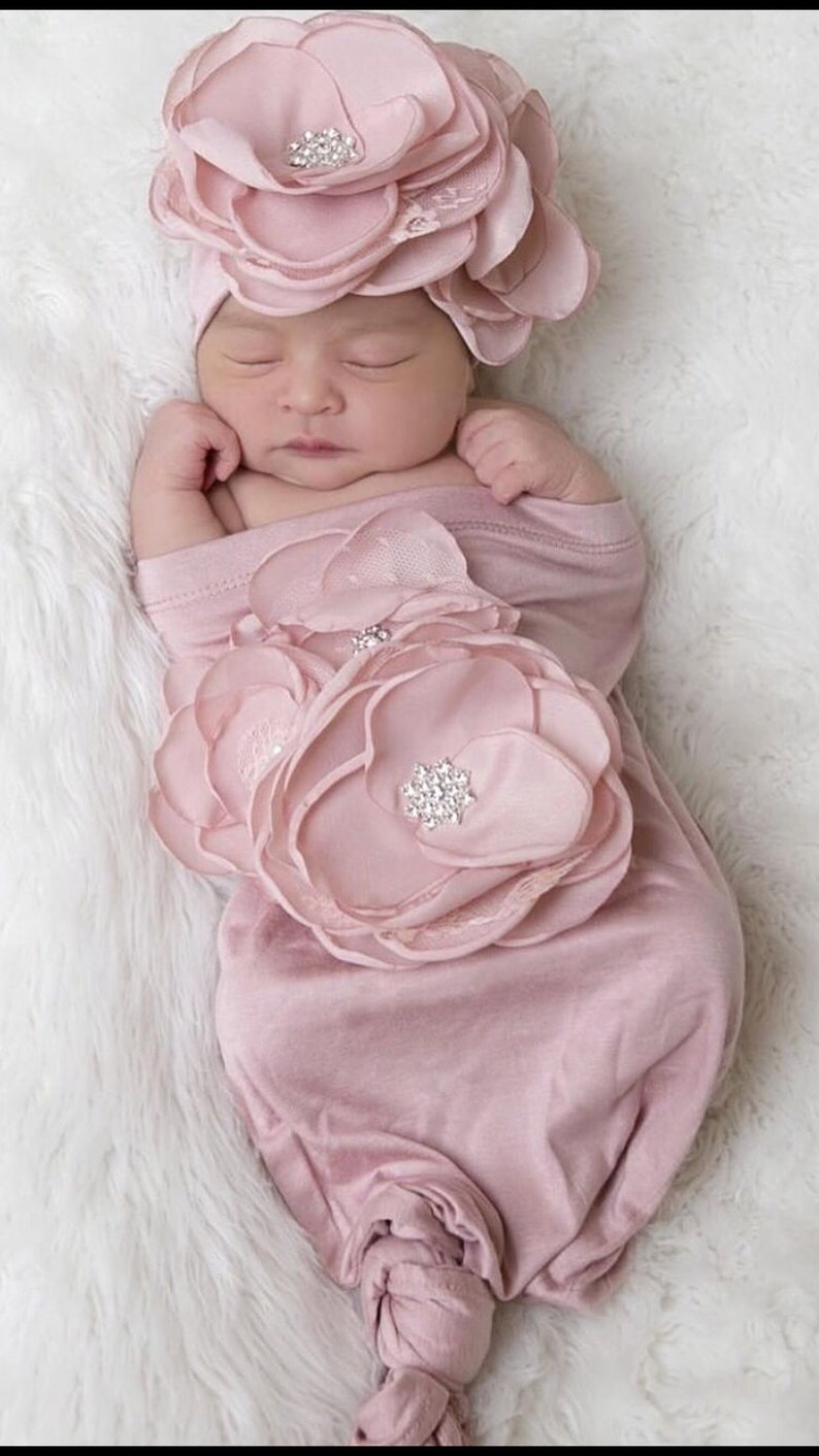 Newborn Baby Girl Gift Rose Baby Sack Shower Gift Mauve Infant Layette Cotton Baby Sack with Large Flower On The Chest and Matching Hat image 3