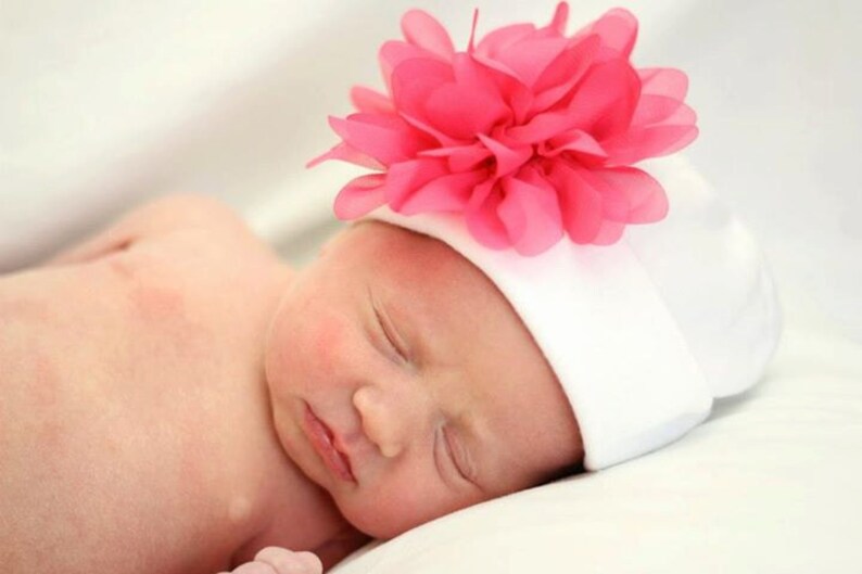 White Newborn Baby Girl Beanie Hat With Chiffon Flower Etsy