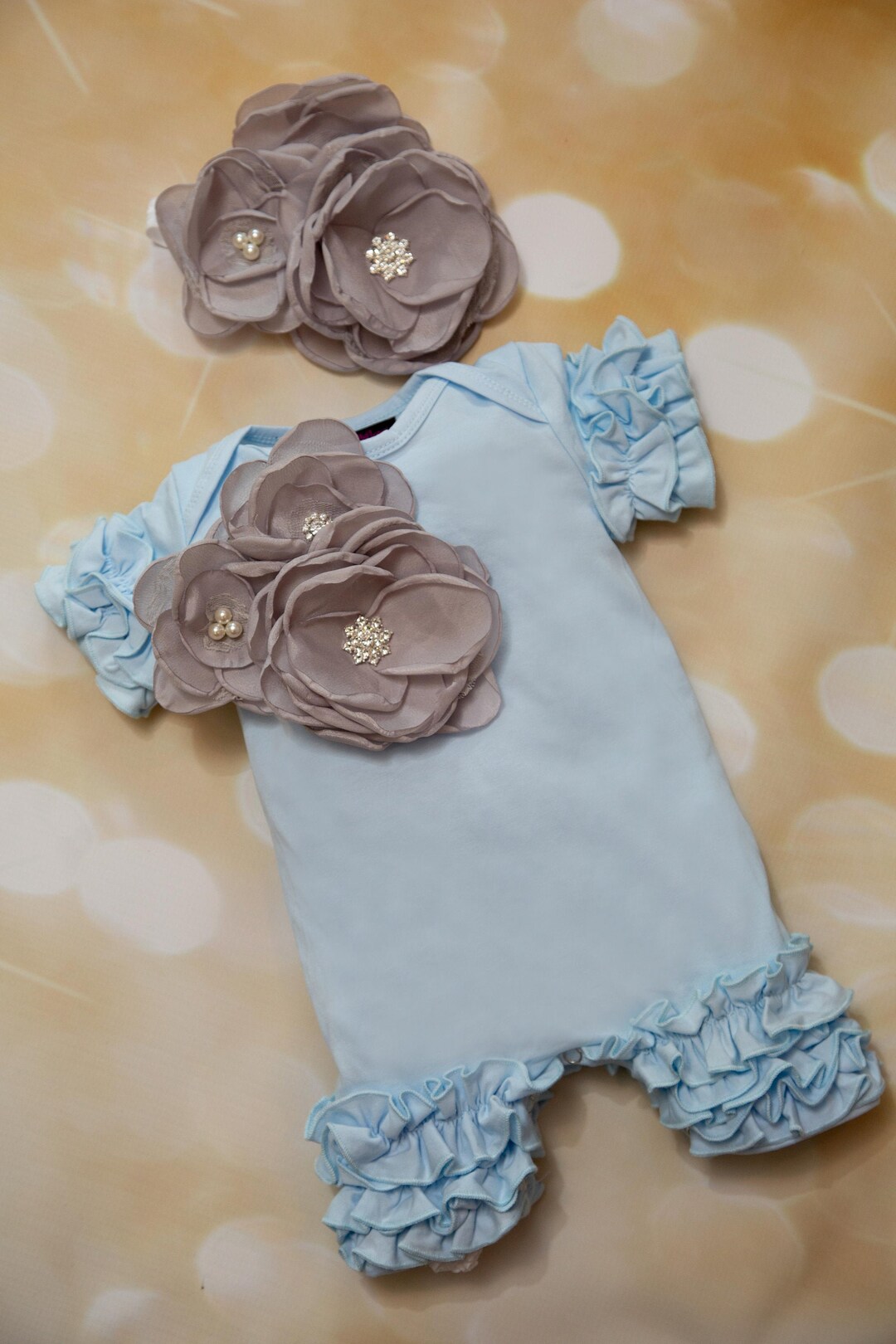 Ruffle Baby Blue Baby Girl Romper Short Sleeve Infant One Piece Romper ...