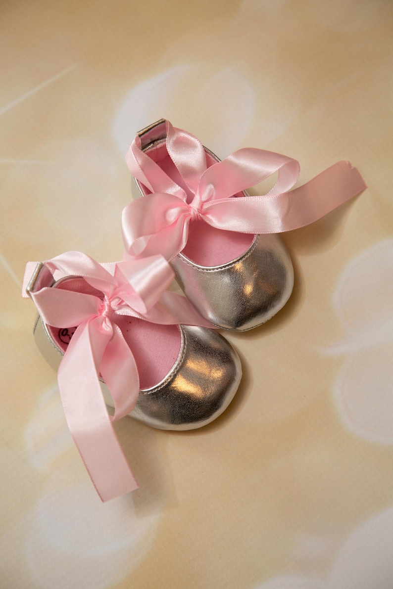 Baby Girl Silver Shoes Silver With Pink Ribbon Tie Shoes Etsy