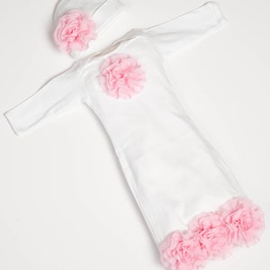 White Infant Baby Layette Cotton  Baby Gown with Light Pink Chiffon Flowers