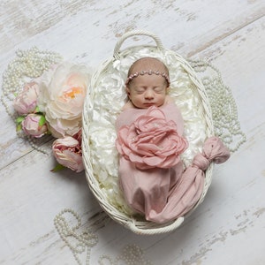 Newborn Baby Girl Gift Rose Baby Sack Shower Gift Mauve Infant Layette Cotton Baby Sack with Large Flower On The Chest and Matching Hat image 6