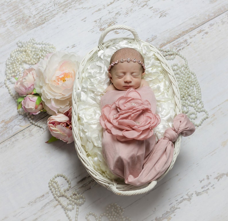 Newborn Baby Girl Gift Rose Baby Sack Shower Gift Mauve Infant Layette Cotton Baby Sack with Large Flower On The Chest and Matching Hat image 6