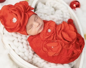 Baby Girl Newborn Baby Girl  Red Lace Baby Sack Red Infant Layette Cotton Baby Sack with Large Red Flower On The Chest and Matching Hat