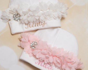 Baby Girl Personalized White Beanie Hat with fluffy Chiffon  and Rhinestone