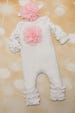 Baby Girl Ruffle White Infant Layette Cotton Baby Romper with Large Chiffon On The Chest and Matching Headband 