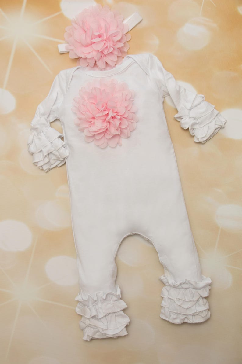 Baby Girl Ruffle White Infant Layette Cotton Baby Romper with Large Chiffon On The Chest and Matching Headband image 1