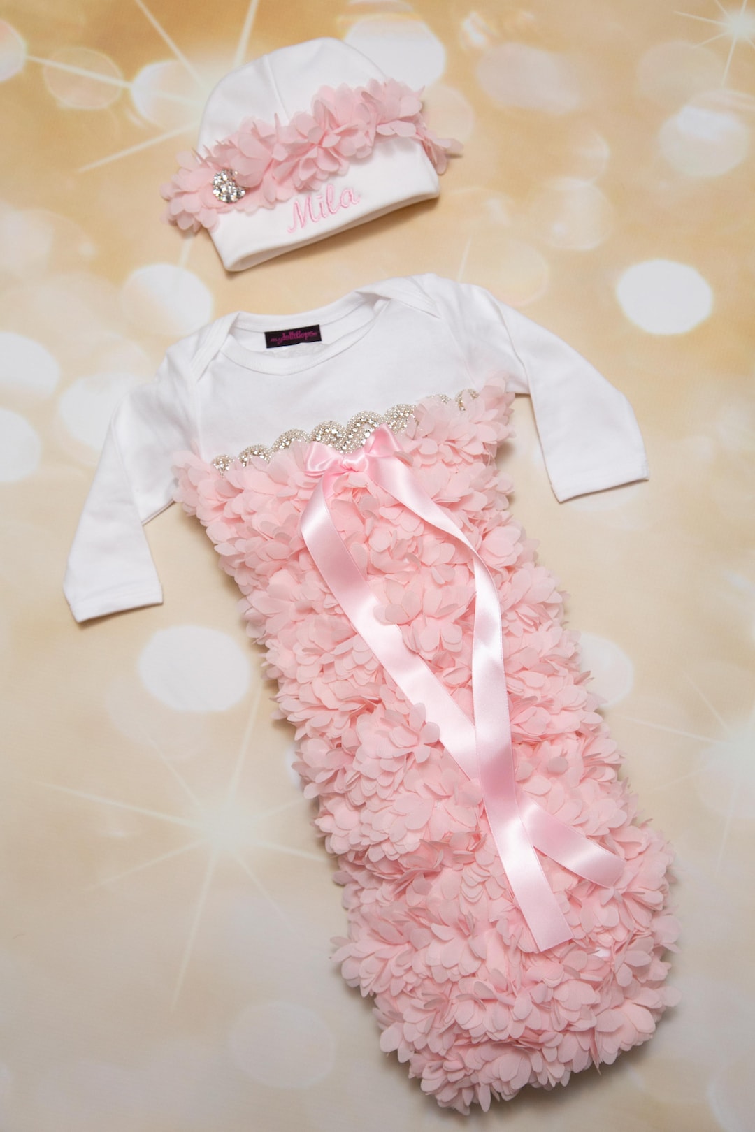 Personalized Baby Girl Cotton Gown and Hat Set With Pink Chiffon ...
