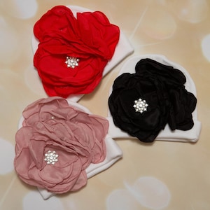 Baby Girl White Beani Hat Infant Baby Girl Hat with Large Flower