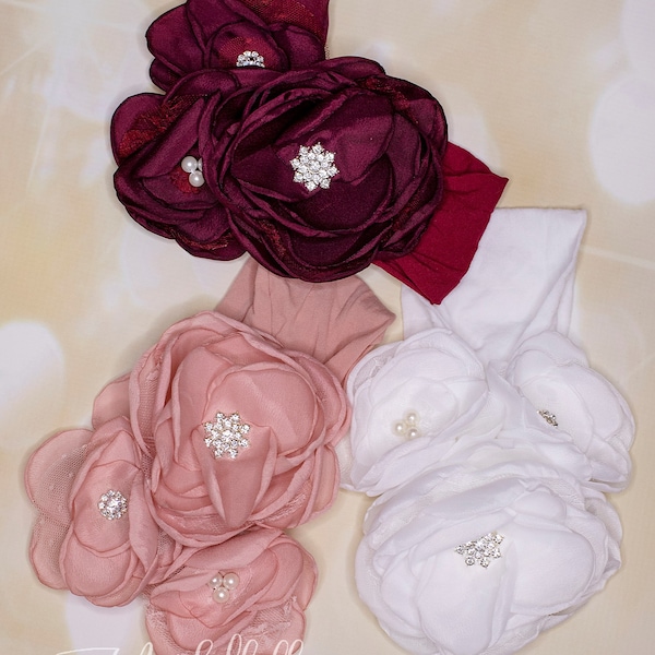 Baby Girl Nylon Large Flower Headband on Wide Nylon Band Wide  Nylon Headband with  Large Flower Headband