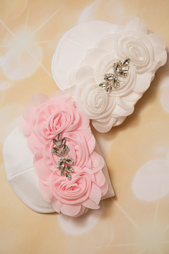 Baby Girl Beanie: White Infant Hat with Chiffon Flower & Rhinestones