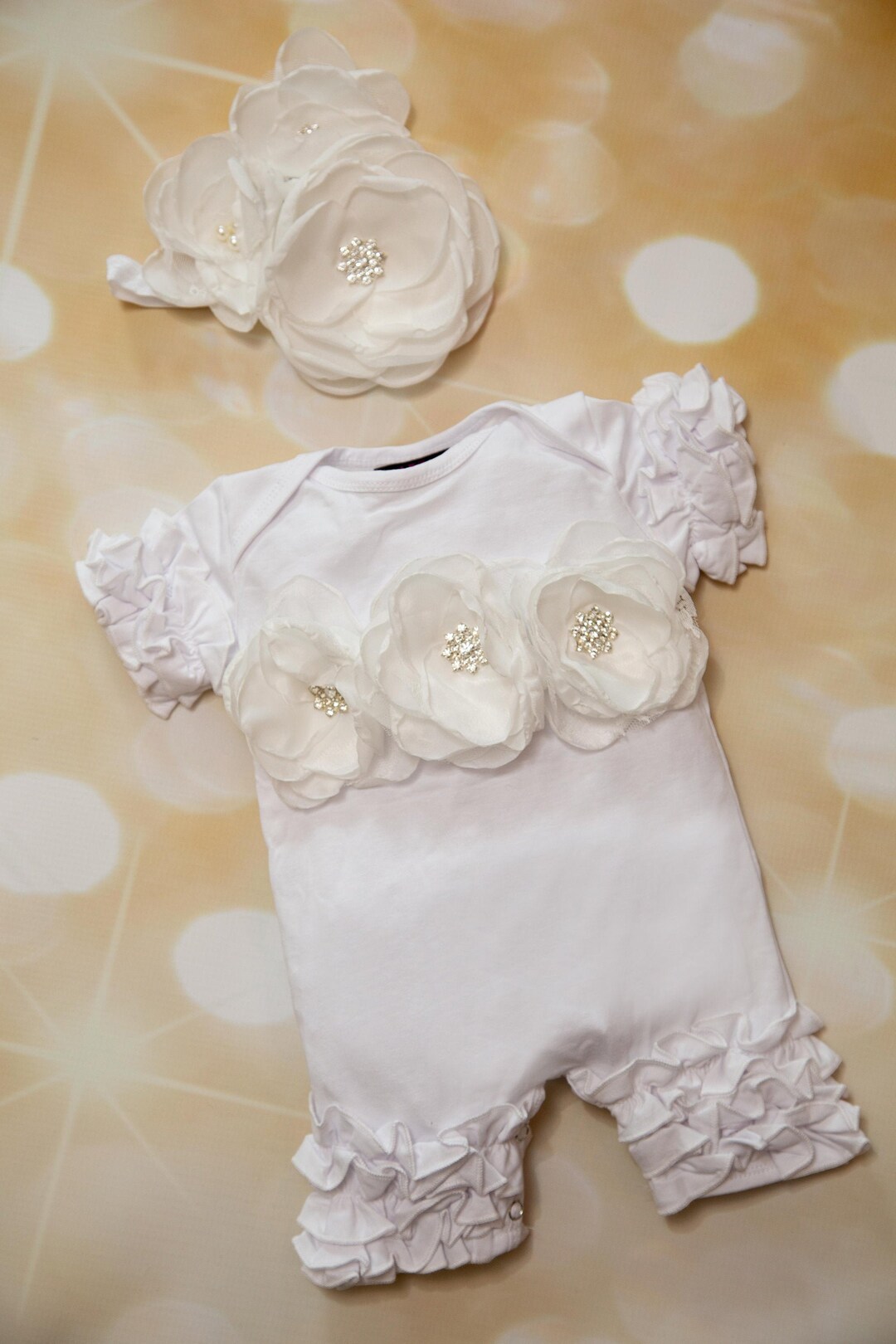 Baby Girl White Ruffle Romper Short Sleeve Infant One Piece Romper With