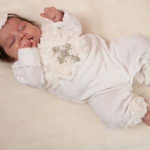 Baby Girl Christening romper Infant Baby Girl Layette White Cotton Baby Romper with Off White Shabby Chiffon Flowers and Rhinestone Cross