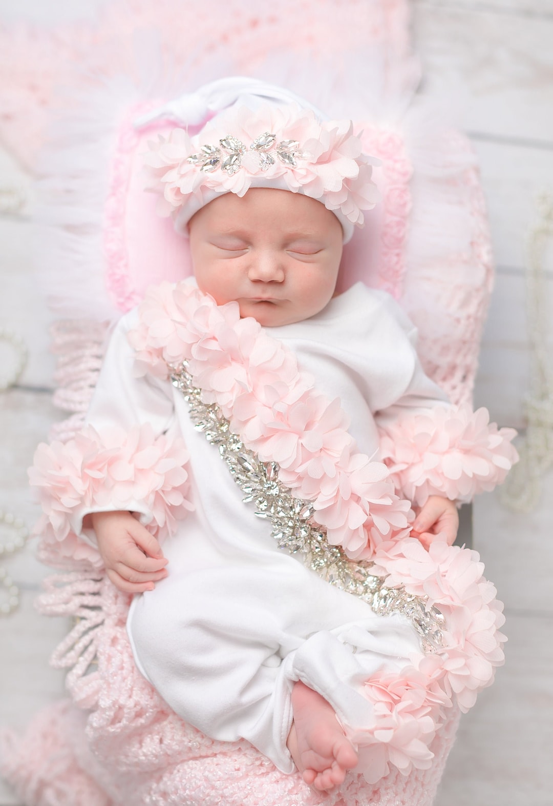 Personalized Girl New Baby Set, Rhinestones Chiffon & Matching Beanie ...