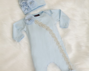 Baby Girl Blue Infant Layette Cotton Baby Romper with Rhinesones and Chiffon Comes with  Matching Hat