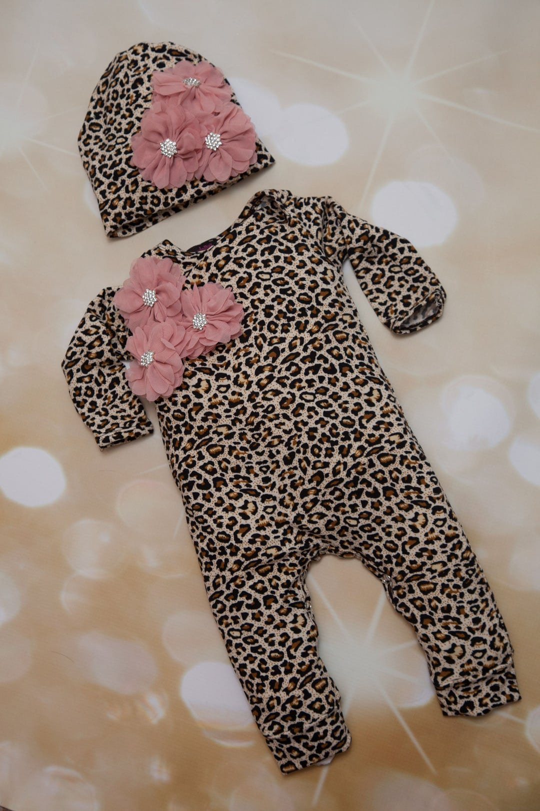 Baby Girl Leopard Romper Infant Layette Cotton Baby Romper With Cluster Chiffon on the Chest and