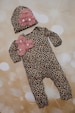Baby Girl Leopard Romper Infant Layette Cotton Baby Romper with Cluster Chiffon On The Chest and Matching Hat 