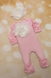 Baby Girl Ruffle Pink Infant Layette Cotton Baby Romper with Large Off White Flower on the Chest and Matching Headband 