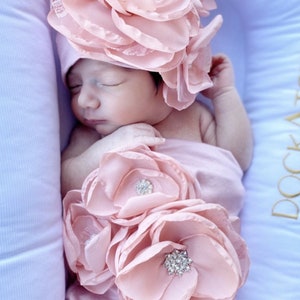 Newborn Baby Girl Gift Rose Baby Sack Shower Gift Mauve Infant Layette Cotton Baby Sack with Large Flower On The Chest and Matching Hat image 8