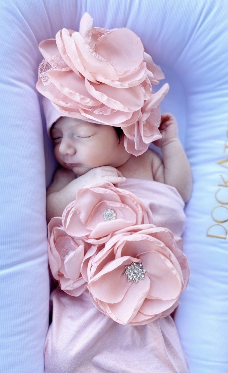 Newborn Baby Girl Gift Rose Baby Sack Shower Gift Mauve Infant Layette Cotton Baby Sack with Large Flower On The Chest and Matching Hat image 8