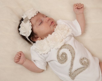 Two Month Old Infant Baby Girl One Piece Set White Short Sleeve Set with Chiffon and Rhinestones
