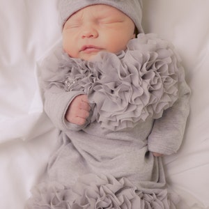 Infant Baby Layette Grey Cotton Baby Gown with Grey Chiffon Flowers and Rhinestones image 4