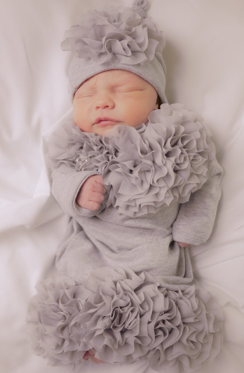 Infant Baby Layette Grey Cotton Baby Gown with Grey Chiffon Flowers and Rhinestones image 4