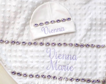 Baby Girl Gift Personalized Gift White Blanket New Baby Gift Newborn Gift Minky Blanket and Rhinestones Soft Receiving  Minky Blanket