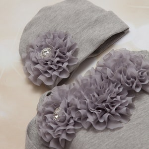 Infant Baby Layette Grey Cotton Baby Gown with Grey Chiffon Flowers and Rhinestones image 1