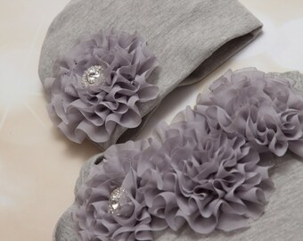 Infant Baby Layette Grey Cotton Baby Gown with Grey Chiffon Flowers and Rhinestones