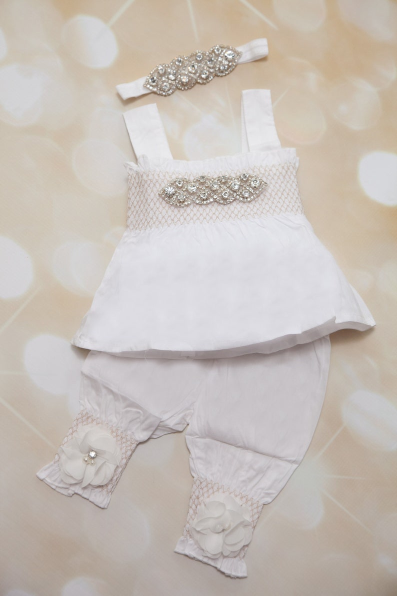 Baby Girl White Romper Set Baby Girl Rhinestone Romper Set Infant Two Piece Set with Chiffon Flowers and Matching Rhinestone Headband image 8