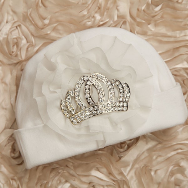 Crown White Infant Baby Girl Beanie Hat with Chiffon and Large Rhinestone Crown