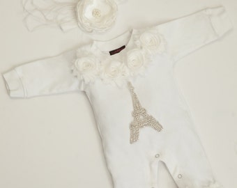 Infant Baby Layette White Cotton Baby Romper Rhinestone Eiffel Tower Chiffon and  Feather Headband