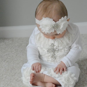 Infant Baby Girl Layette White Cotton Baby Gown with Off White Shabby Chiffon Flowers and Rhinestone Cross