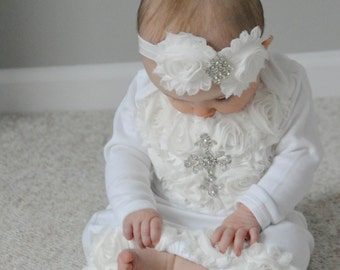 Infant Baby Girl Layette White Cotton Baby Gown with Off White Shabby Chiffon Flowers and Rhinestone Cross