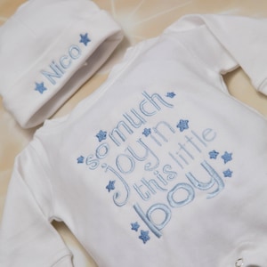 Personalized White Baby Boy Romper Set Embroidered Infant One Piece Set with Matching Hat