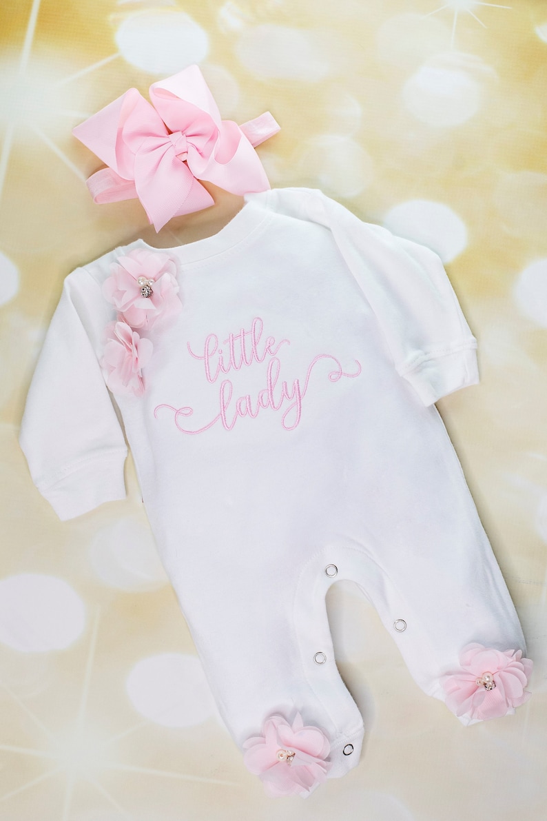 Baby Girl White Infant Layette Cotton Baby Romper with Large Little Lady Embroidery On The Chest and Matching Headband