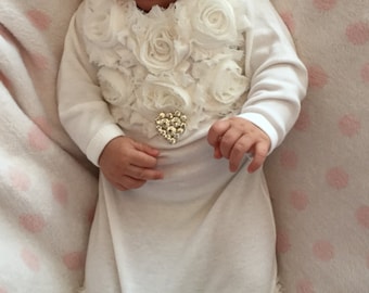 Baby Girl Coming Home Outfit Newborn Gift baby girl White Cotton Baby Gown with Off White Shabby Chiffon Flowers and Rhinestone Heart