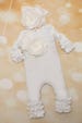 Baby Girl Ruffle White Infant Layette Cotton Baby Romper with Large Chiffon On The Chest and Matching Headband 