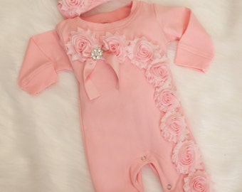 Baby Girl Pink Romper Baby Girl Romper Set Infant One Piece Set with Shabby Chiffon Flowers and Headband