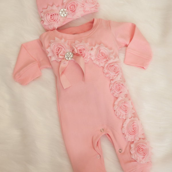Baby Girl Pink Romper Baby Girl Romper Set Infant One Piece Set with Shabby Chiffon Flowers and Headband