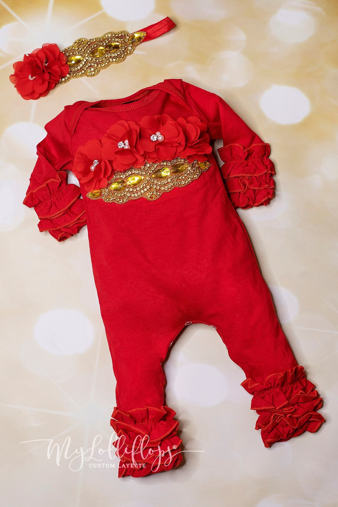 Antoinette Paris Baby Girls Romper - Celestine Red Floral - Embroidered Ruffle Collar