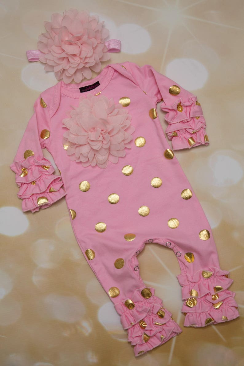 Pink and Gold Ruffle Infant Layette Cotton Baby Romper With Large ...