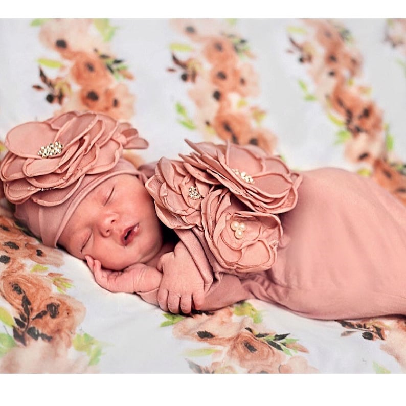 Newborn Baby Girl Gift Rose Baby Sack Shower Gift Mauve Infant Layette Cotton Baby Sack with Large Flower On The Chest and Matching Hat image 5