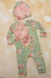 Floral Infant Layette Cotton Baby Romper with Large Flower On The Chest and Matching Hat 