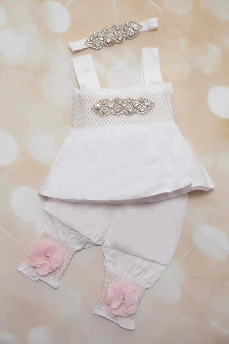 Baby Girl White Romper Set Baby Girl Rhinestone Romper Set Infant Two Piece Set with Chiffon Flowers and Matching Rhinestone Headband image 10