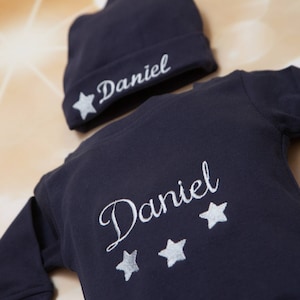 Personalized Navy Baby Boy Romper Set Embroidered Infant Romper Set Personalized set with Matching Hat
