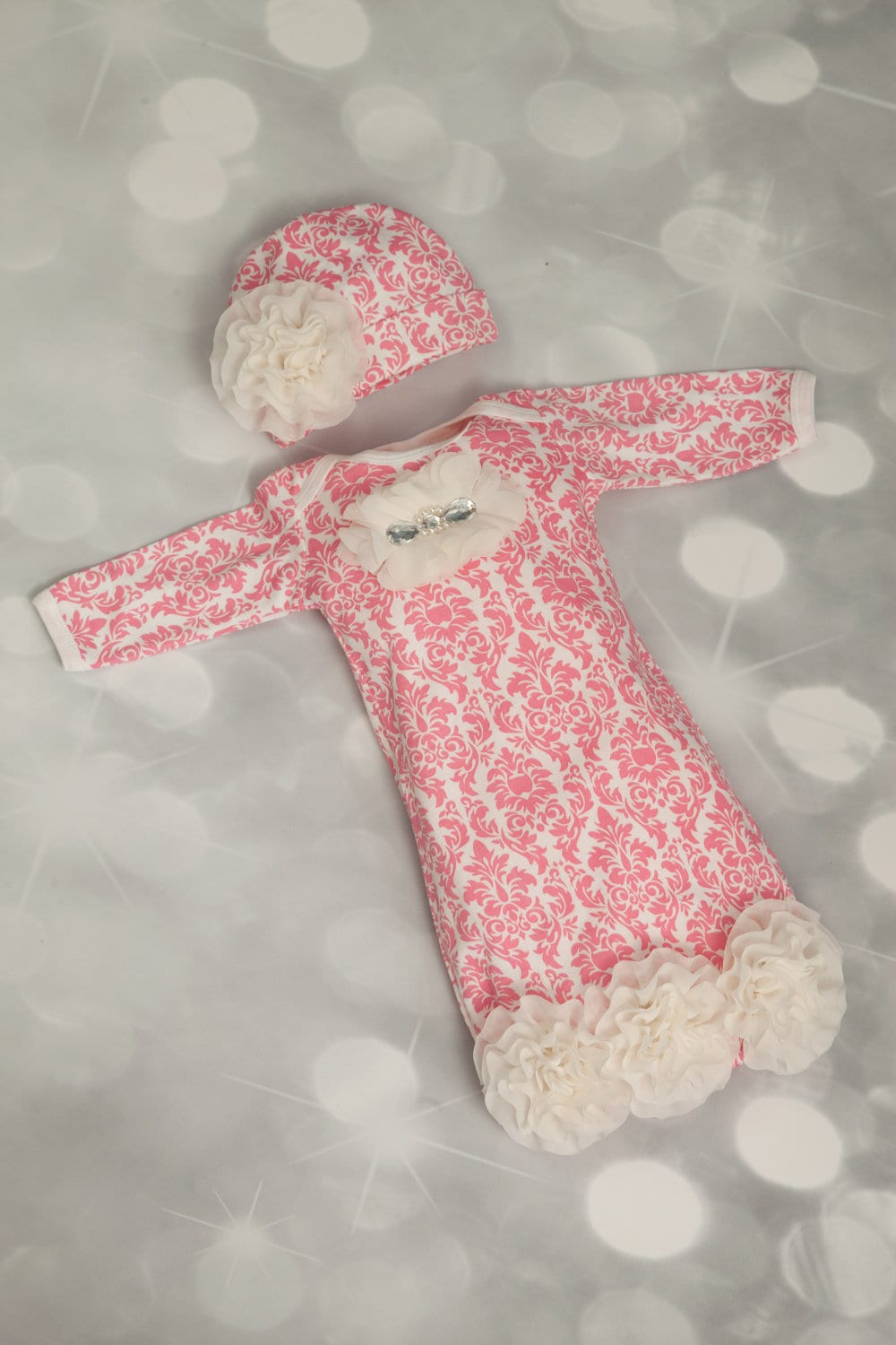 Pink Damask Infant Layette Cotton Baby Gown with Off White Etsy