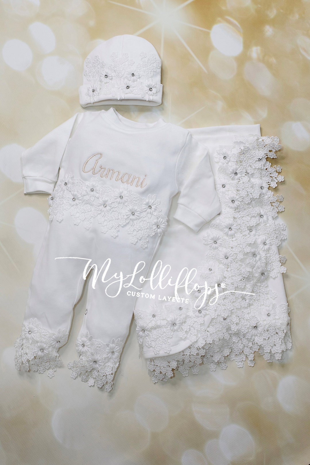 Baby Girl Two Piece Personalized Rhinestone Lace White Romper Infant