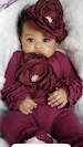 Baby Girl Burgundy Romper Holiday Ruffle Wine Infant Layette Cotton Baby Romper with Large Flower On The Chest and Matching Headband 